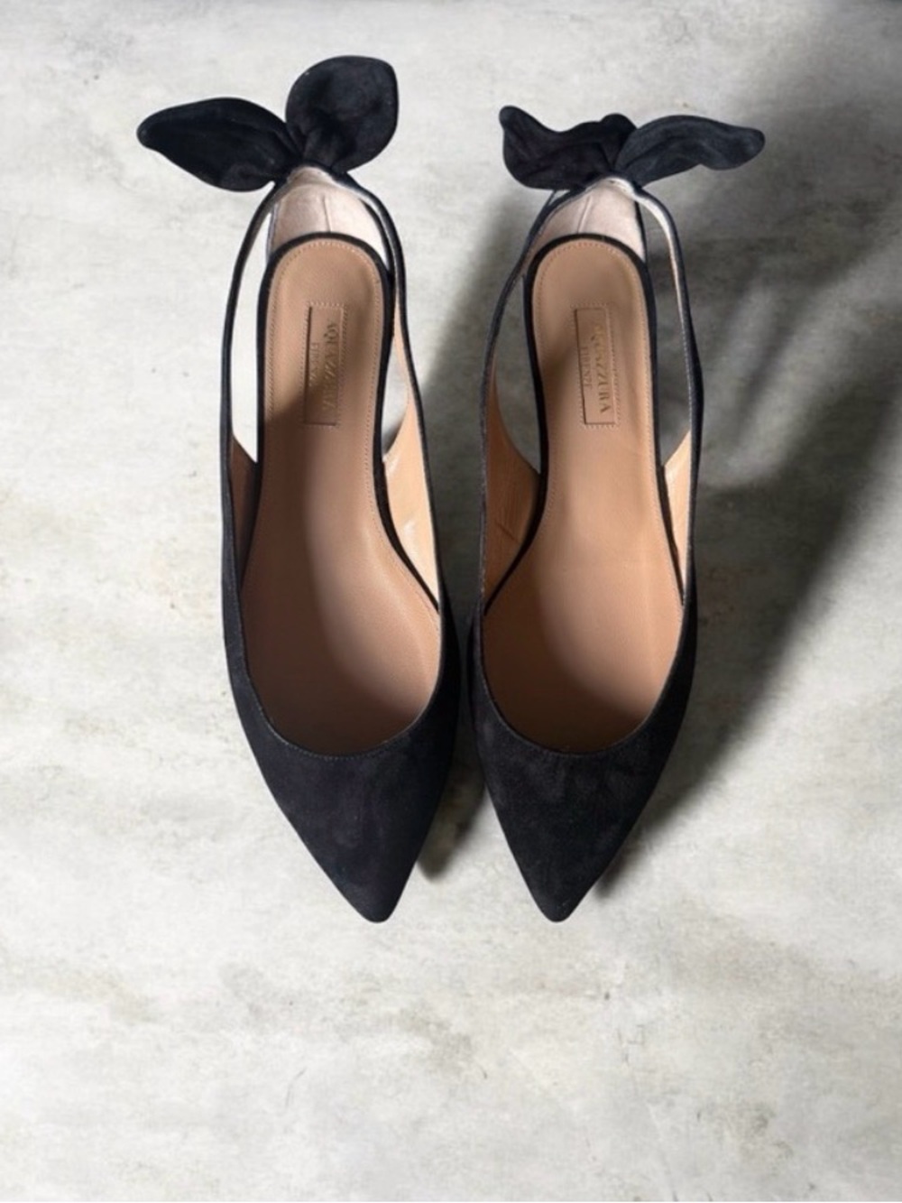 Aquazzura Black Suede Pointed Slingback Flats with Bow Accent